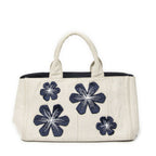 Prada Large Rhinestone Canapa Tote Beige Blue Embroidery Canvas