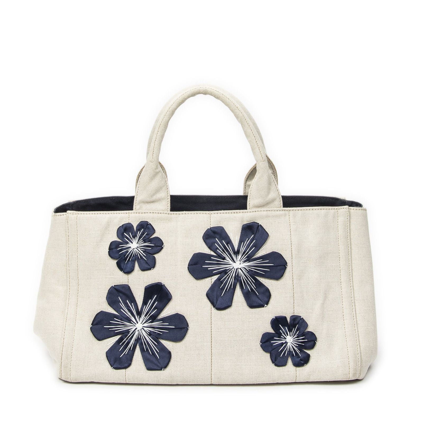 Prada Large Rhinestone Canapa Tote Beige Blue Embroidery Canvas