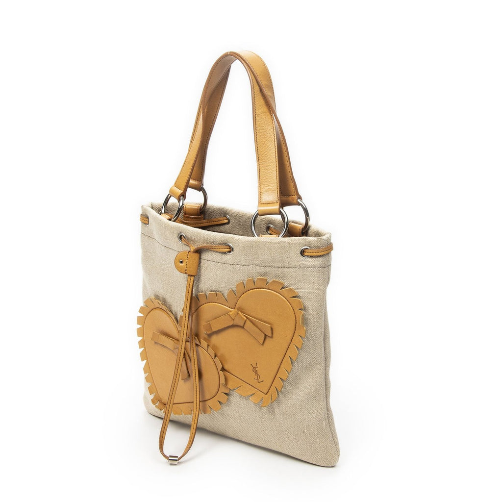 Saint Laurent Fringed Heart Applique Tote Beige Canvas — view 2