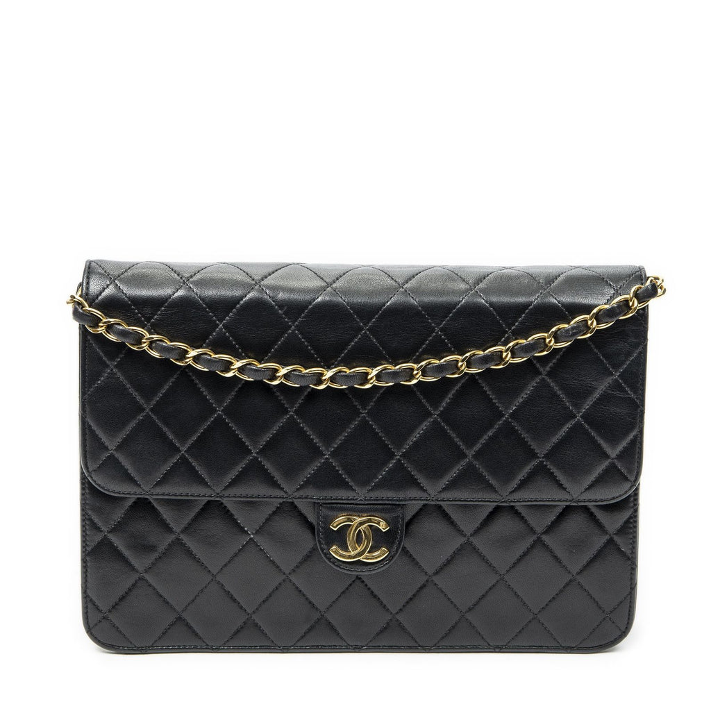 Chanel Vintage Pushlock Straight Flap Black Quilted Lambskin Leather