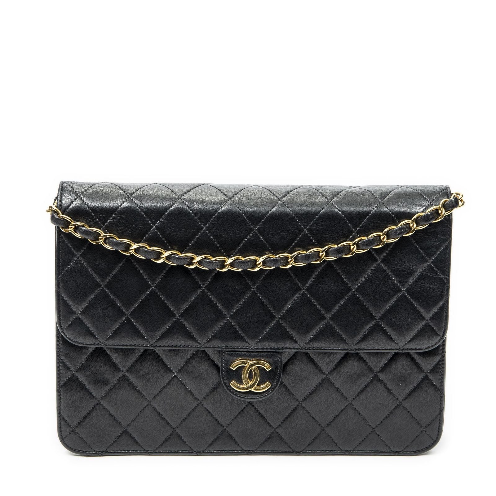 Chanel Vintage Pushlock Straight Flap Black Quilted Lambskin Leather