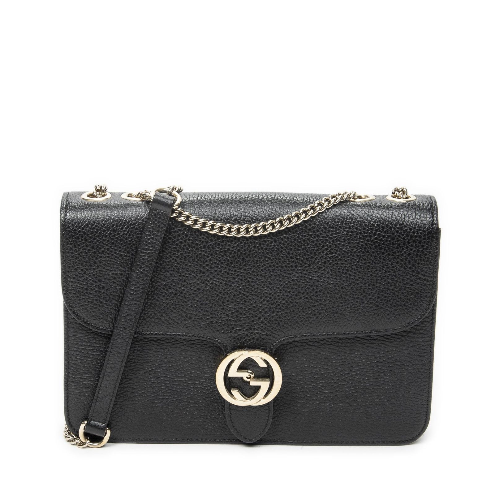 Gucci Small Interlocking GG Chain Crossbody Black Gray Calfskin Leather