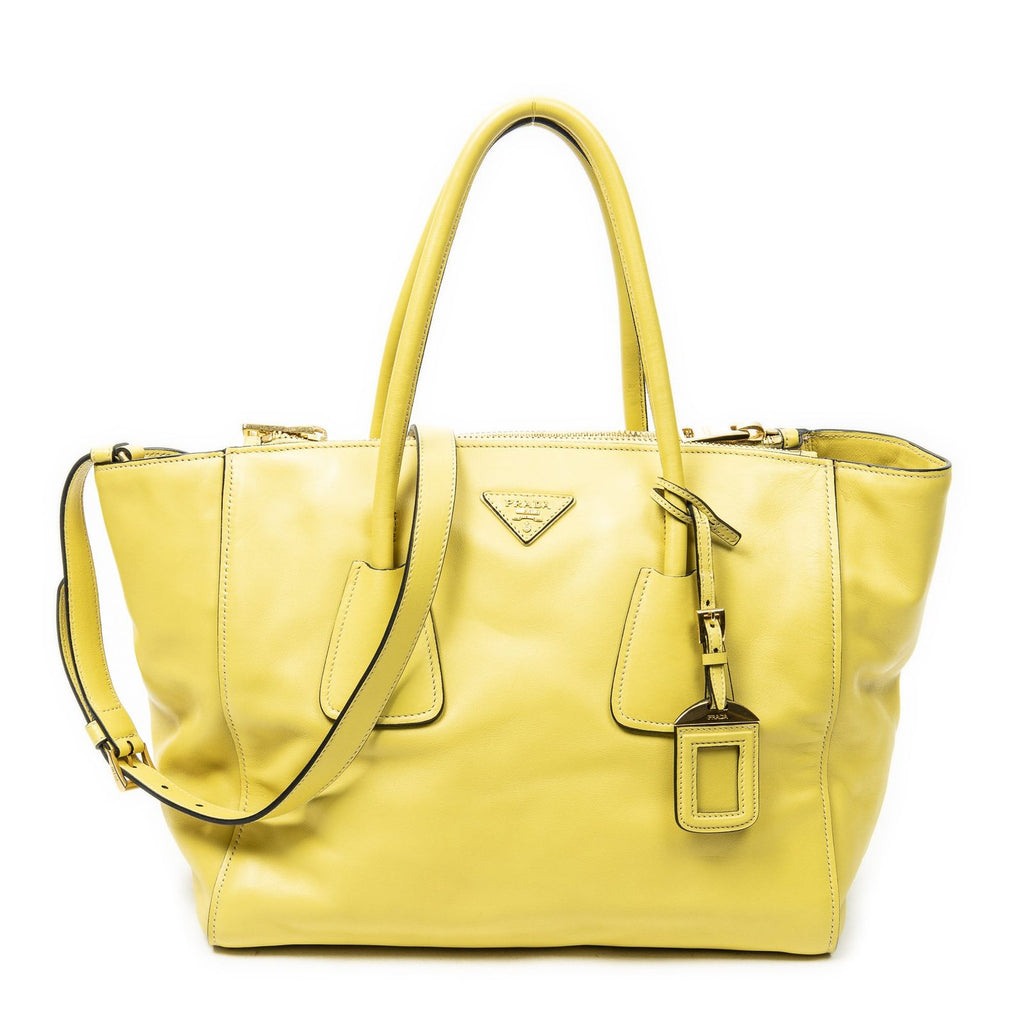 Prada Twin Pocket Double Handle Tote Yellow Vitello Soft Leather