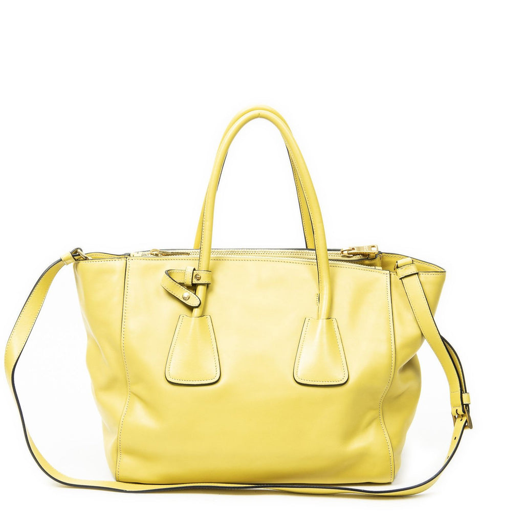 Prada Twin Pocket Double Handle Tote Yellow Vitello Soft Leather — view 5