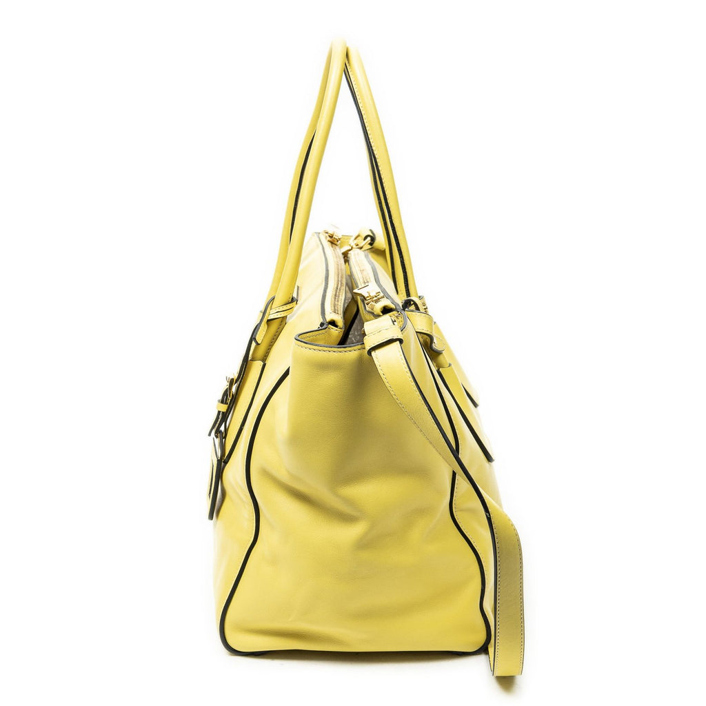 Prada Twin Pocket Double Handle Tote Yellow Vitello Soft Leather — view 3