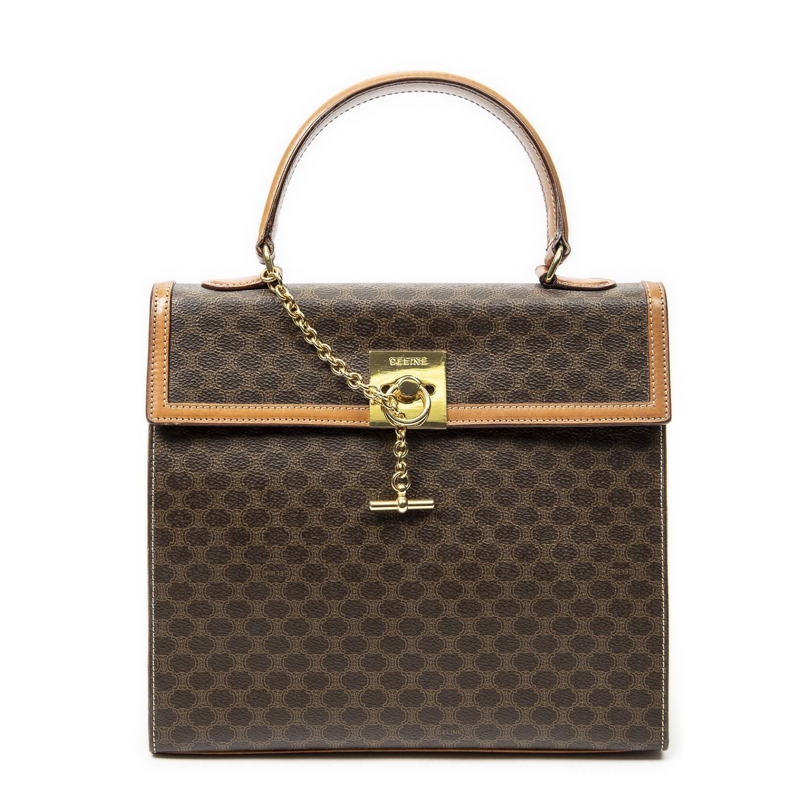 Celine Vintage Top Handle Flap Brown Macadam Canvas