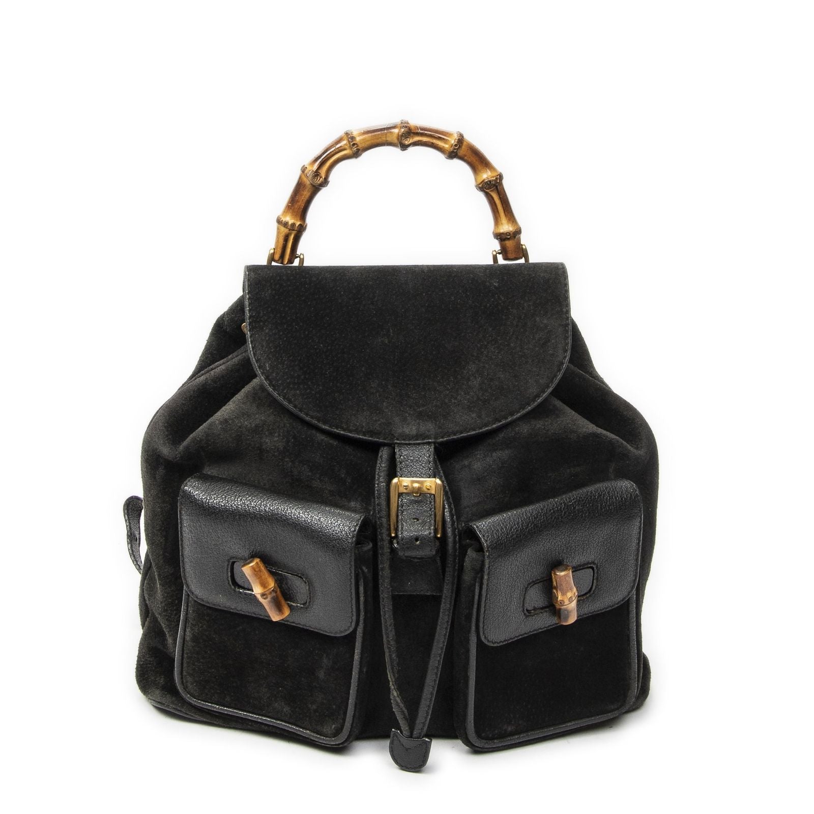 Gucci Large Bamboo Backpack Black Suede Leather