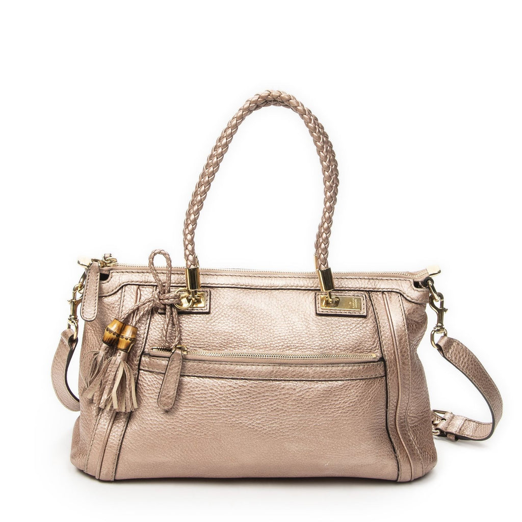 Gucci Bamboo Tote Pink Gray Calfskin Leather