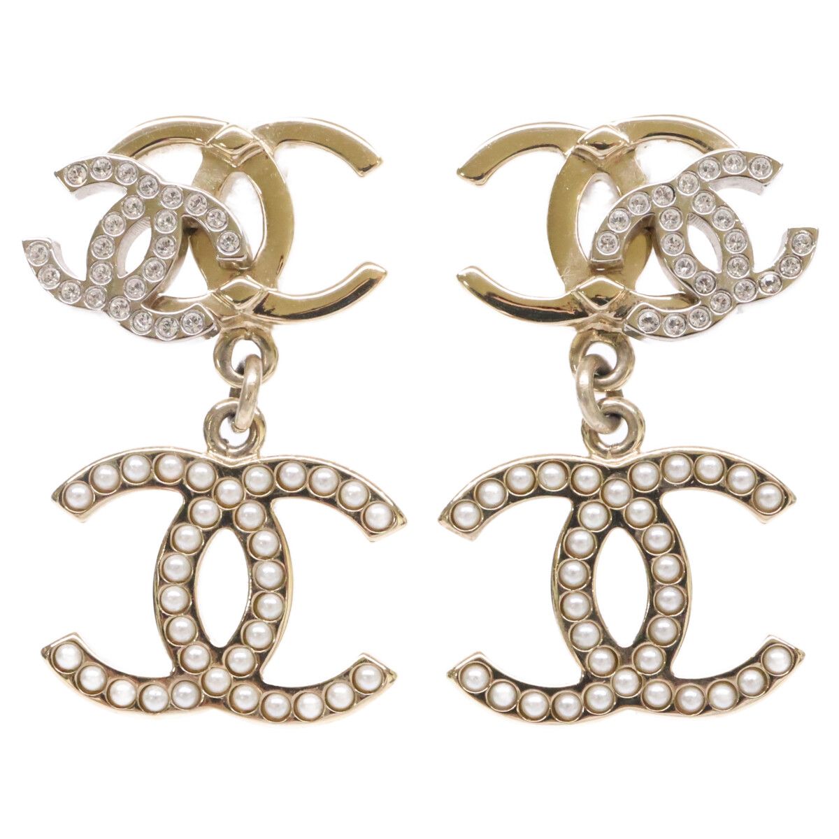 Chanel Triple CC Logo Rhinestone Imitation Pearl Earring