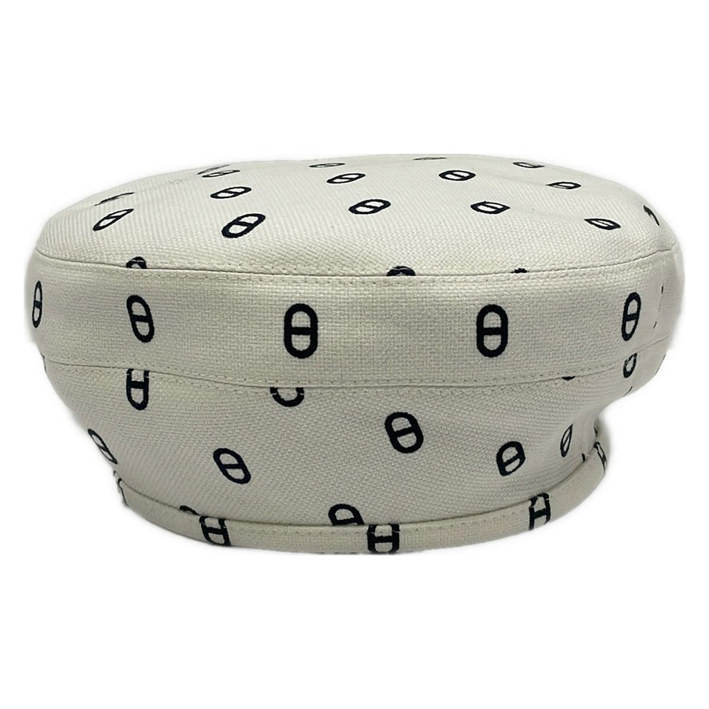 Hermes Hat 56 White Black Beret Saint Honore Chaine D'ancre Pattern Cotton