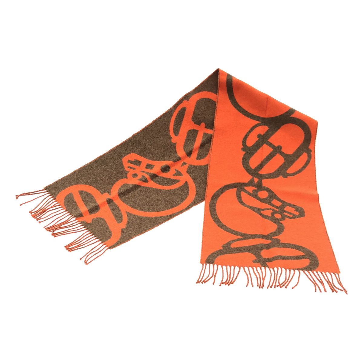 Hermes Cashmere Book le Camaille Fringed Shawl Brown Orange Scarf — view 2
