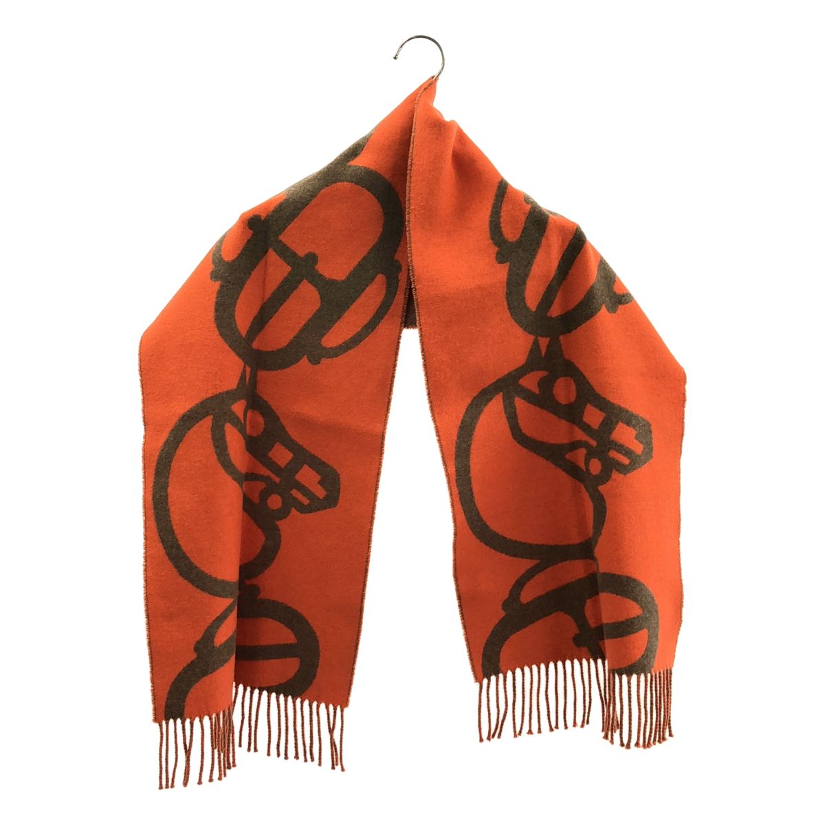 Hermes Cashmere Book le Camaille Fringed Shawl Brown Orange Scarf