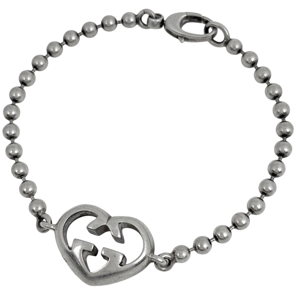 Gucci Heart Motif Bracelet GG Logo Silver