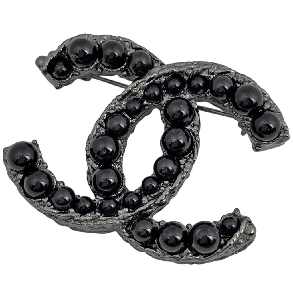 Chanel CC Logo Brooch Silver Plated Black