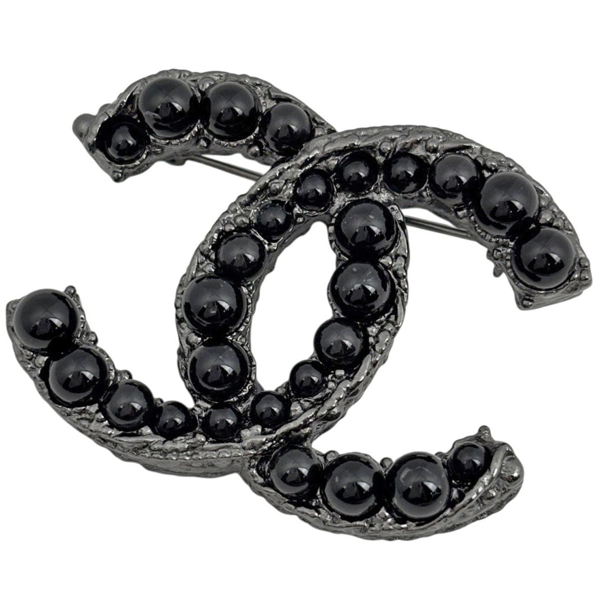 Chanel CC Logo Brooch Silver Plated Black