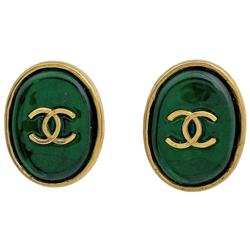 Chanel CC Logo Color Stone Earrings Gripoix Gold Plated Green