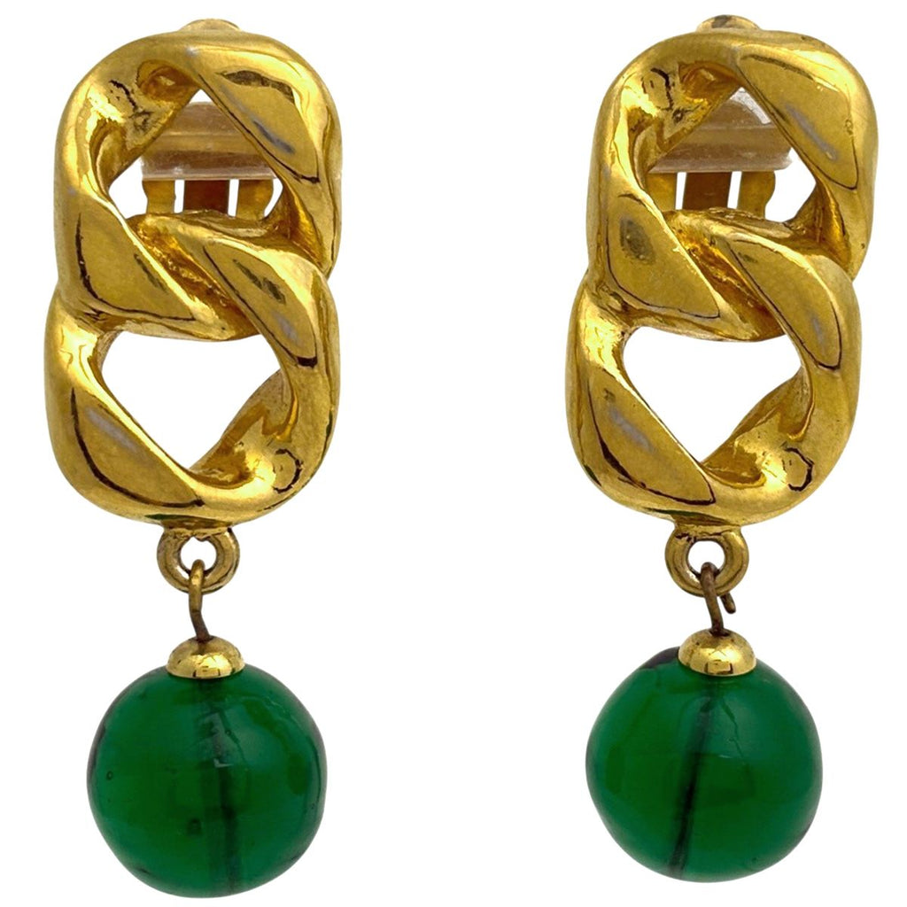Chanel Color Stone Earrings Gripoix Swing Gold Plated Green