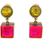 Chanel CC Logo Earrings Swing Cube No5 Plastic Yellow Pink Gold