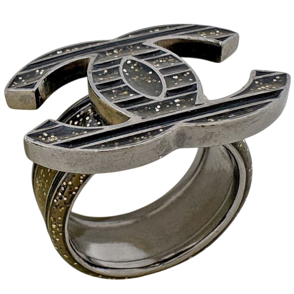 Chanel CC Logo Ring CC Mark Metal Silver Black