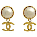 Chanel CC Logo Faux Purse Earrings Round Swing Gold Plated