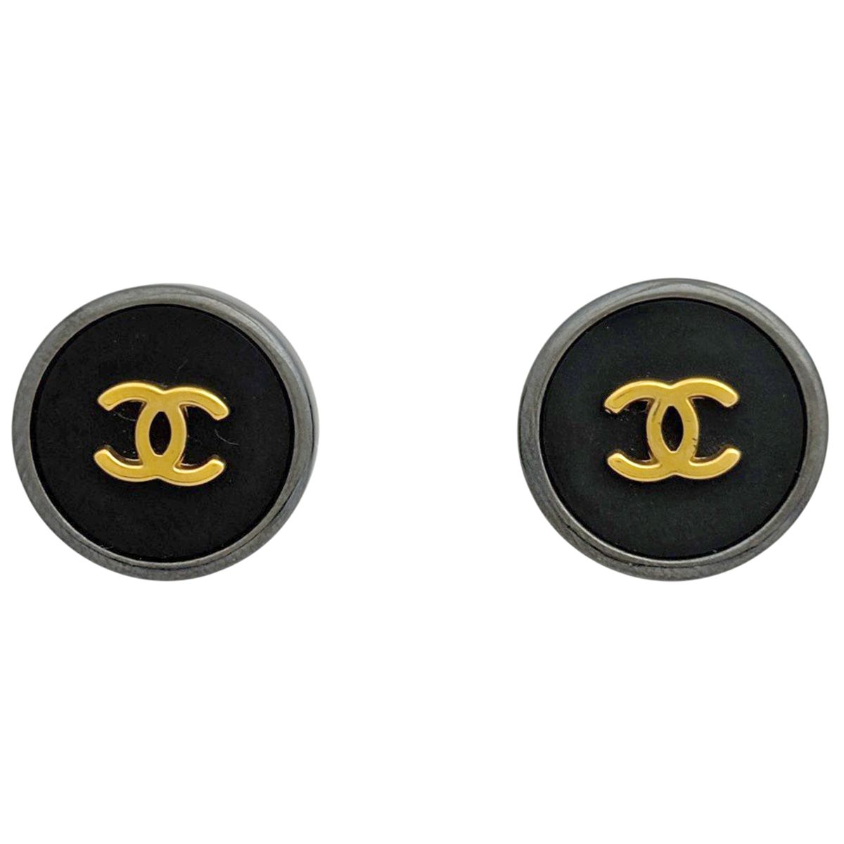 Chanel CC Logo Round Earrings Metal Black Silver Gold