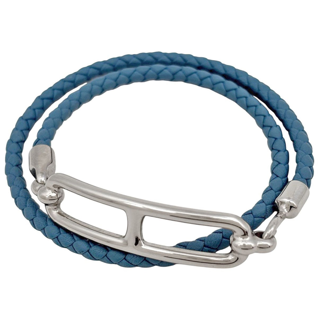 Hermes Double Tour Bracelet Leather Silver Blue