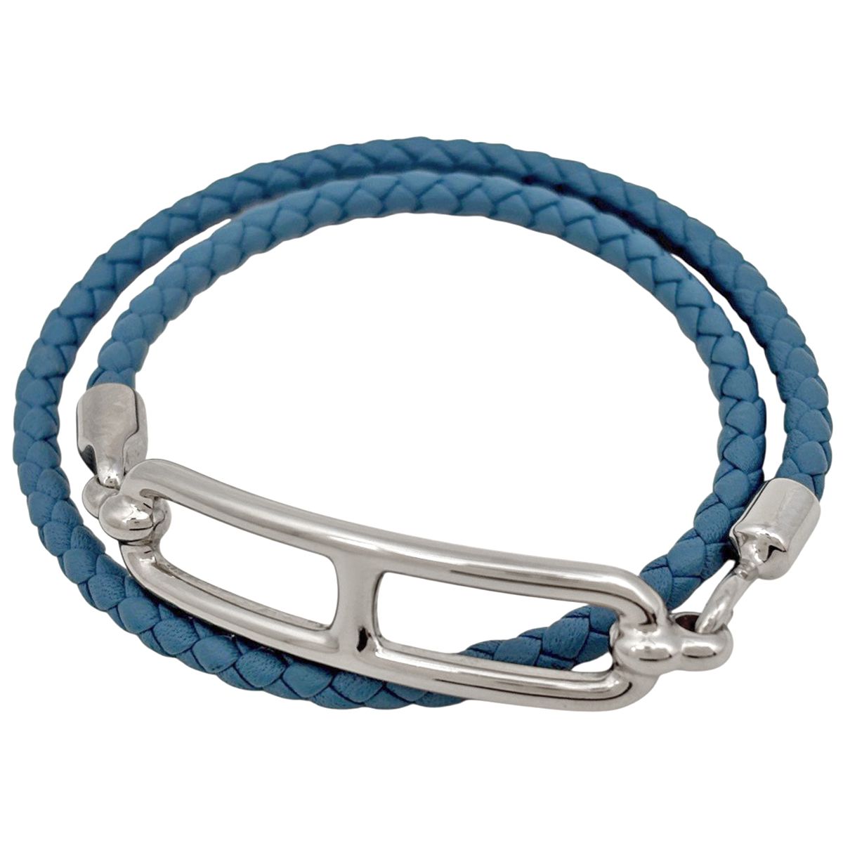 Hermes Double Tour Bracelet Leather Silver Blue