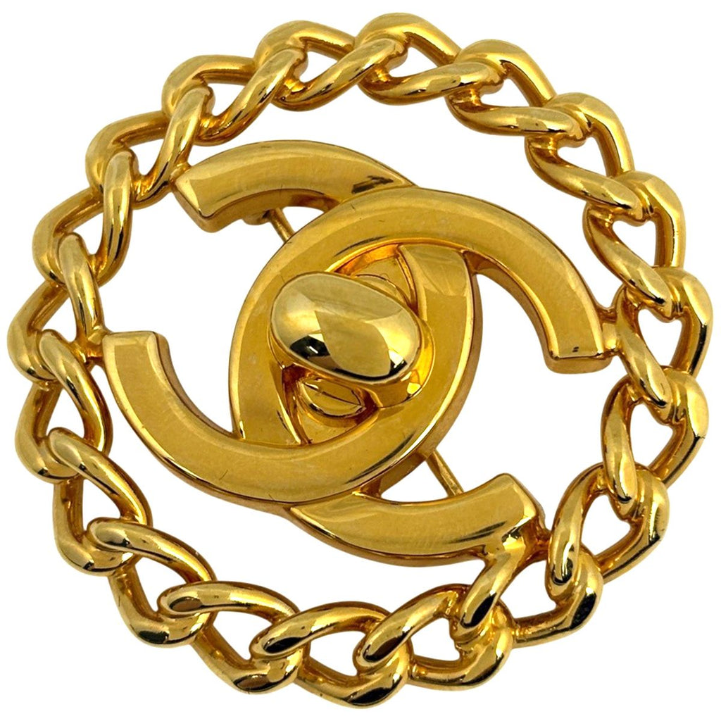 Chanel CC Logo Brooch Chain Turnlock Gold Plated