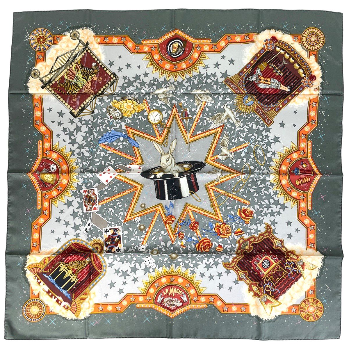 Hermes Carre 90 la Magie Magic Scarf Silk Gray Multicolor