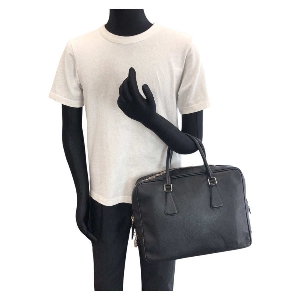 Prada Saffiano Black Silver Leather Business Briefcase — view 7