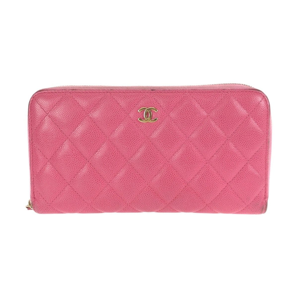 Chanel Quilted CC Logo Pink Gold Caviar Leather Wallet Zip Around