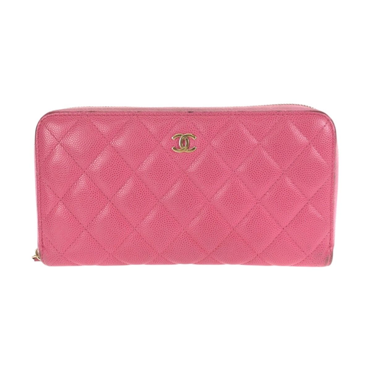 Chanel Quilted CC Logo Pink Gold Caviar Leather Wallet Zip Around