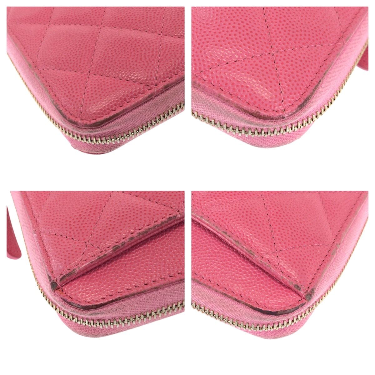 Chanel Quilted CC Logo Pink Gold Caviar Leather Wallet Zip Around — view 4