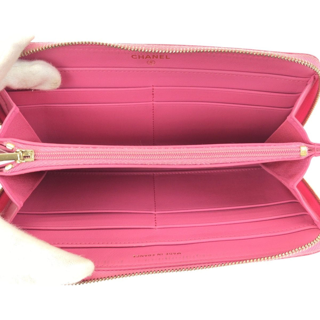 Chanel Quilted CC Logo Pink Gold Caviar Leather Wallet Zip Around — view 8
