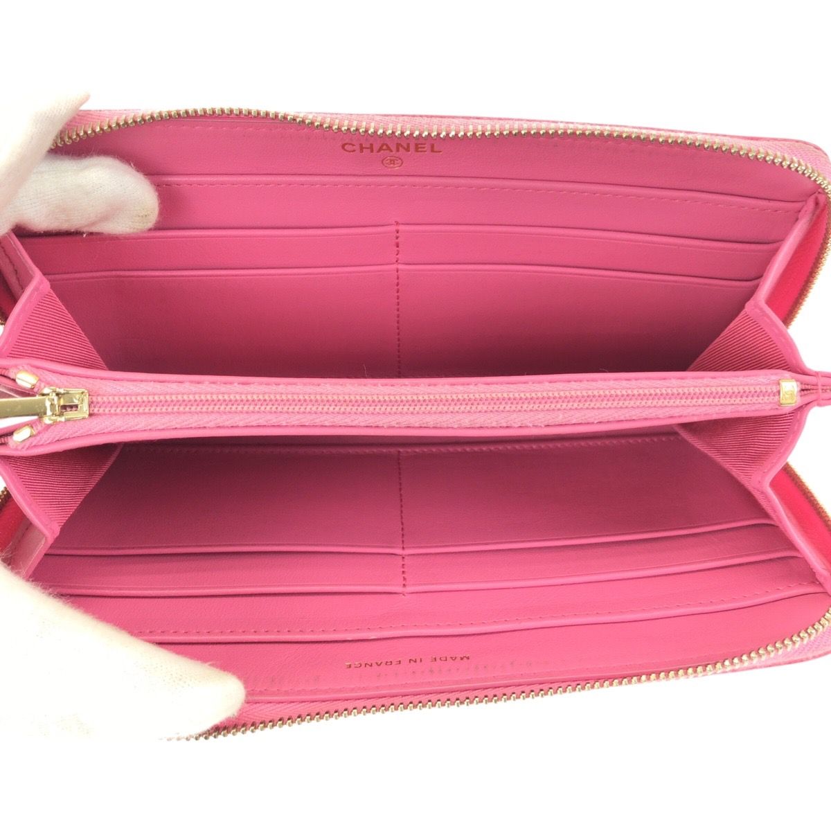 Chanel Quilted CC Logo Pink Gold Caviar Leather Wallet Zip Around — view 8