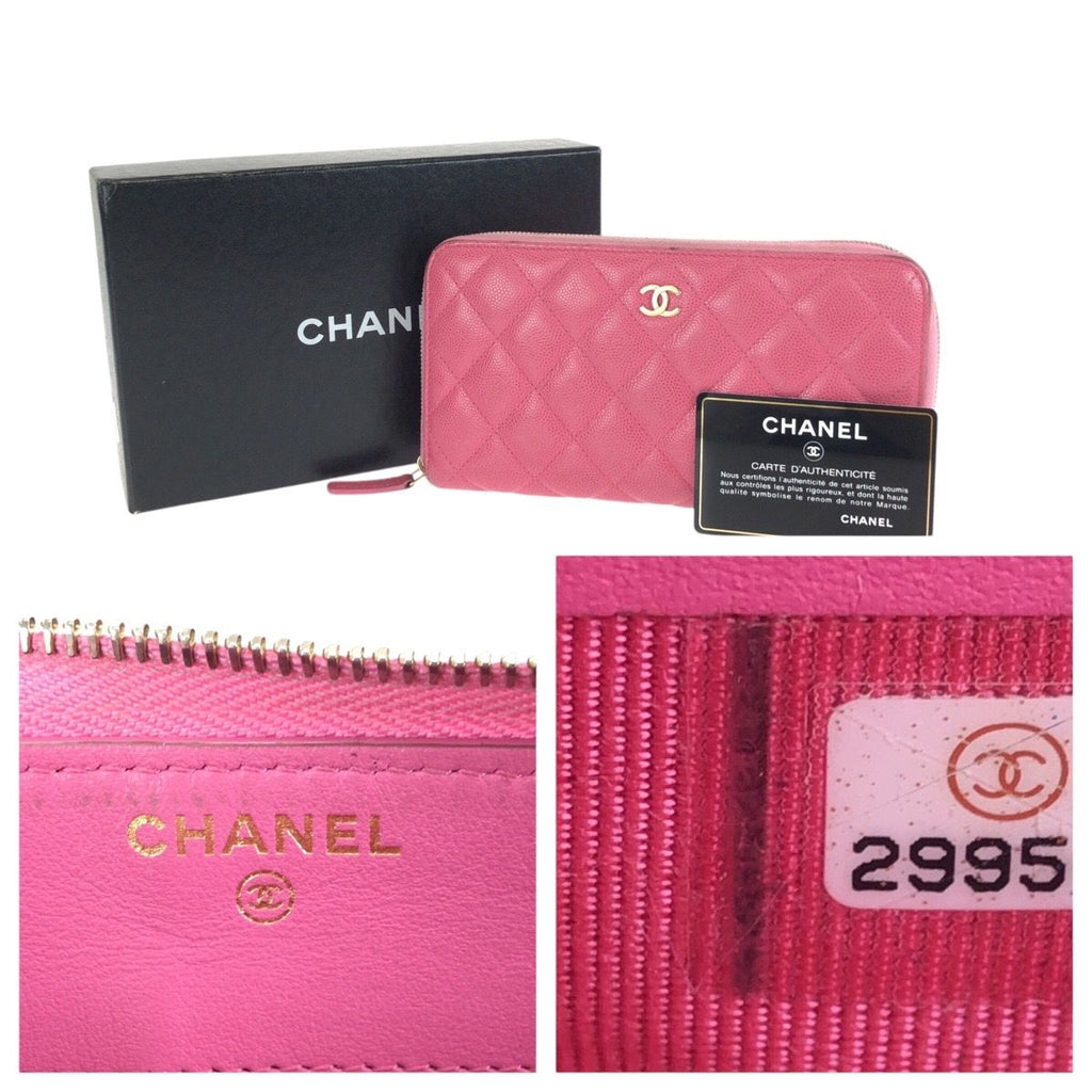 Chanel Quilted CC Logo Pink Gold Caviar Leather Wallet Zip Around — view 5