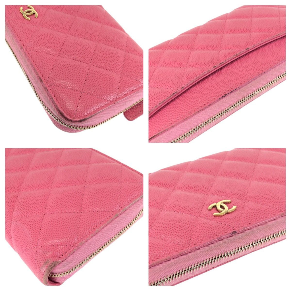 Chanel Quilted CC Logo Pink Gold Caviar Leather Wallet Zip Around — view 6