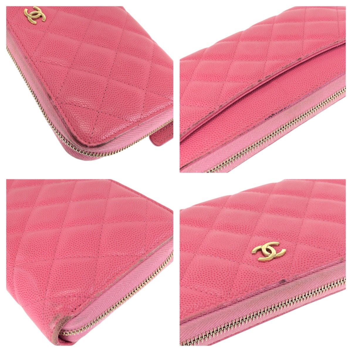 Chanel Quilted CC Logo Pink Gold Caviar Leather Wallet Zip Around — view 6