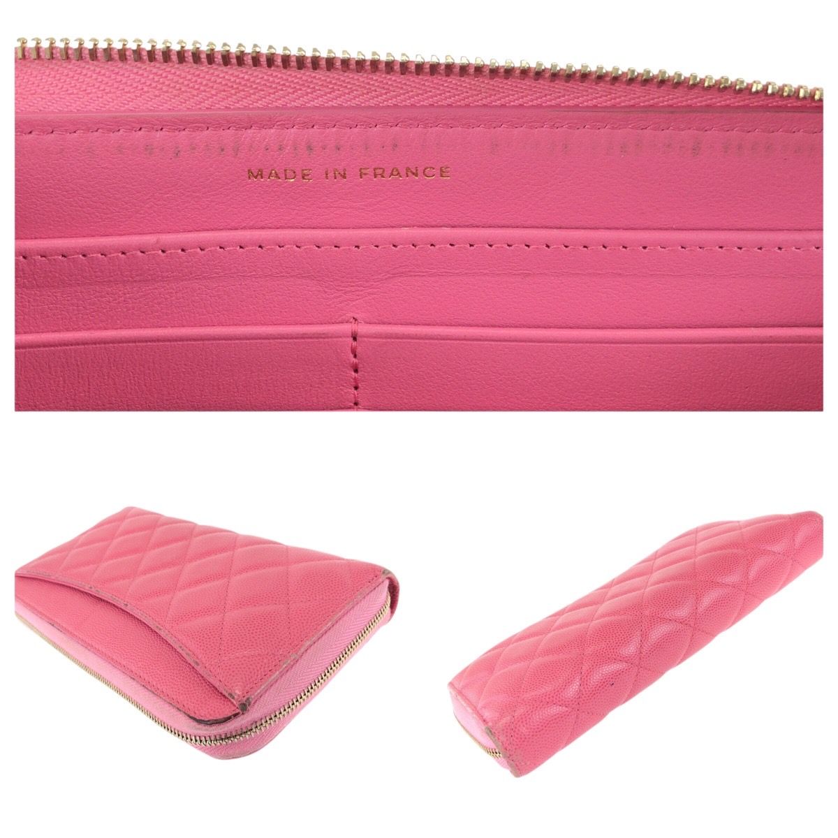 Chanel Quilted CC Logo Pink Gold Caviar Leather Wallet Zip Around — view 7