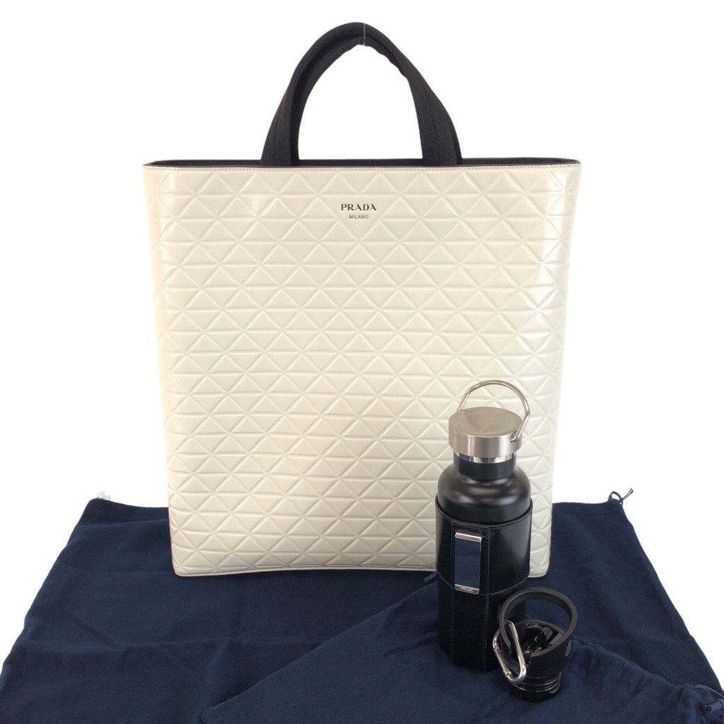 Prada Water Bottle White Black Silver Leather Tote Business — view 8