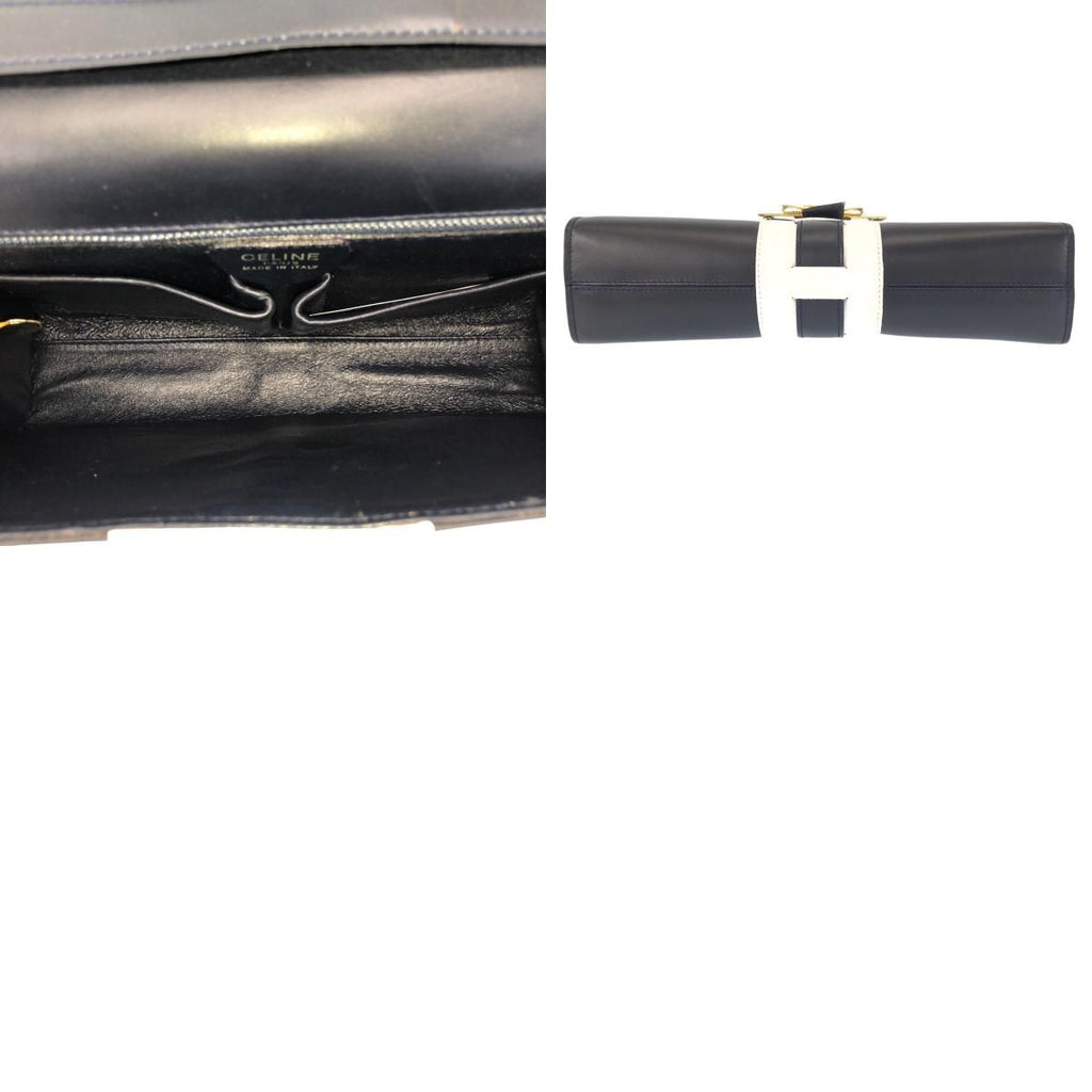 Celine Vintage Logo Ribbon Navy White Gold Leather Shoulder Bag Pochette — view 9