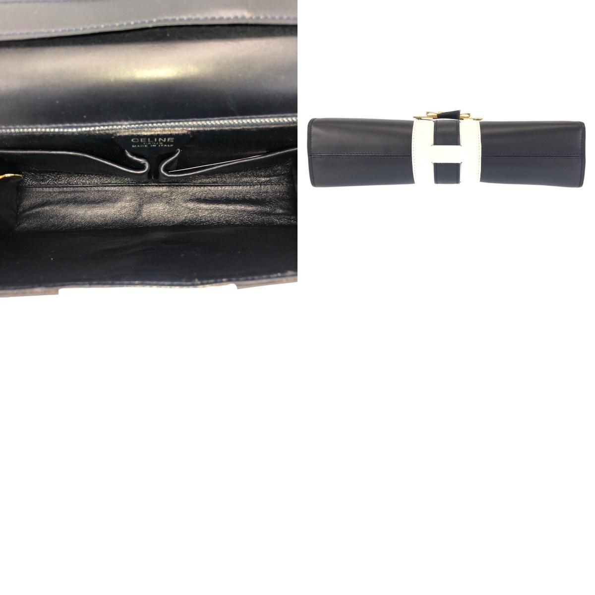 Celine Vintage Logo Ribbon Navy White Gold Leather Shoulder Bag Pochette — view 9