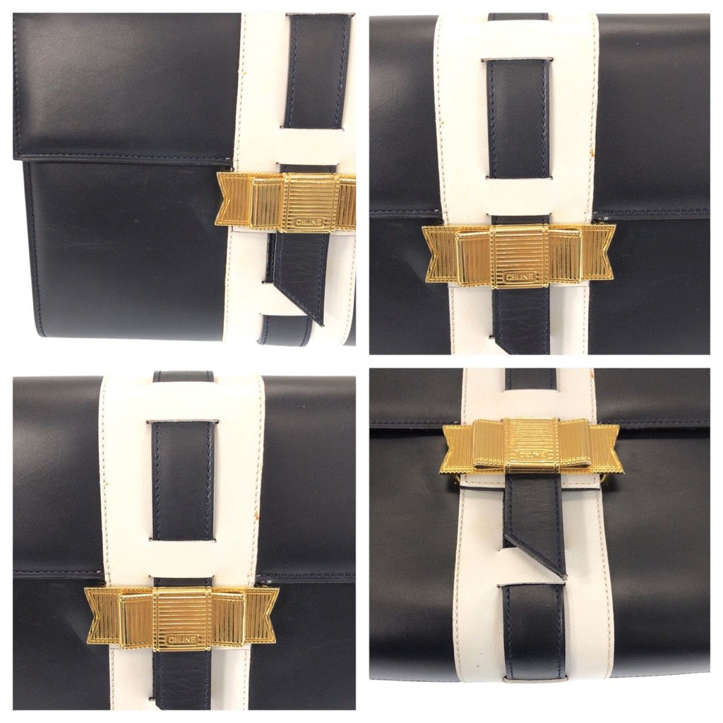 Celine Vintage Logo Ribbon Navy White Gold Leather Shoulder Bag Pochette — view 5