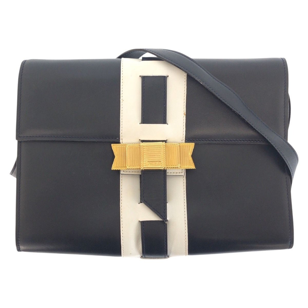 Celine Vintage Logo Ribbon Navy White Gold Leather Shoulder Bag Pochette