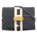 Celine Vintage Logo Ribbon Navy White Gold Leather Shoulder Bag Pochette