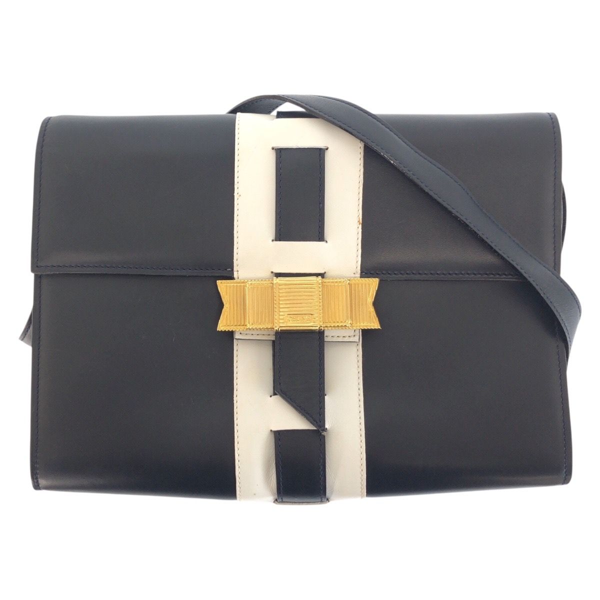 Celine Vintage Logo Ribbon Navy White Gold Leather Shoulder Bag Pochette
