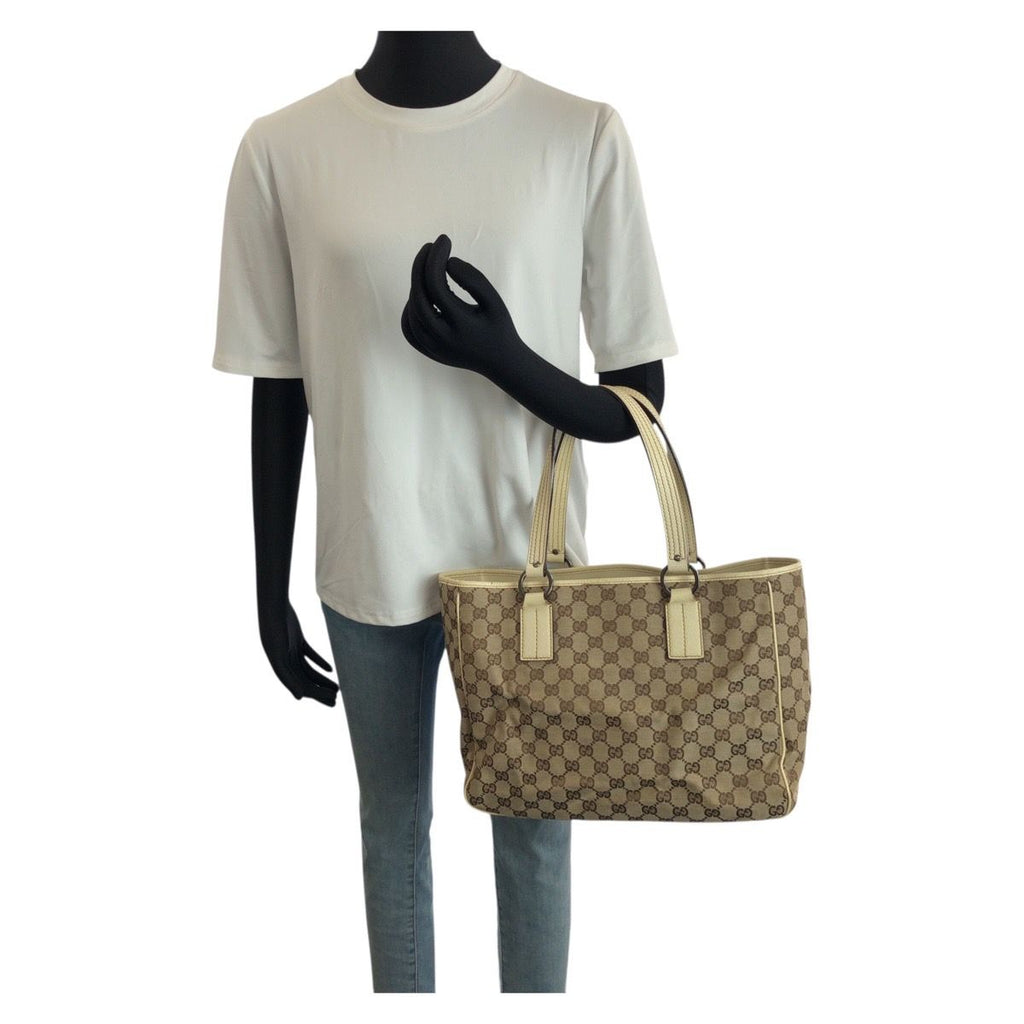 Gucci Beige Gunmetal GG Canvas Leather Tote — view 7