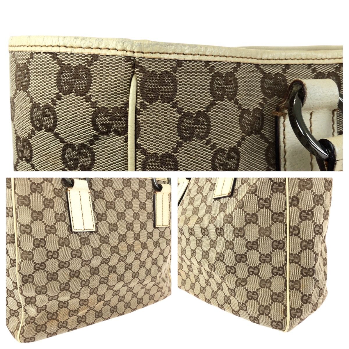 Gucci Beige Gunmetal GG Canvas Leather Tote — view 6