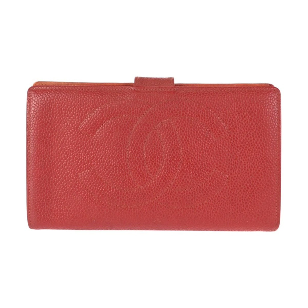 Chanel Vintage CC Logo Red Gold Caviar Leather Wallet