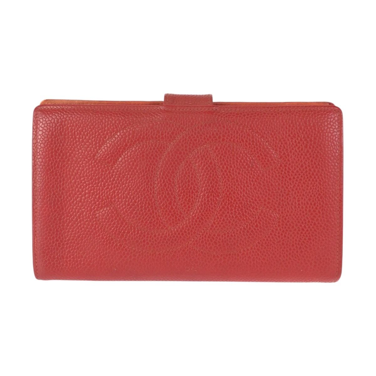 Chanel Vintage CC Logo Red Gold Caviar Leather Wallet